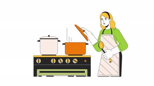 Animated Woman Cooking and Steaming Pots on Stove