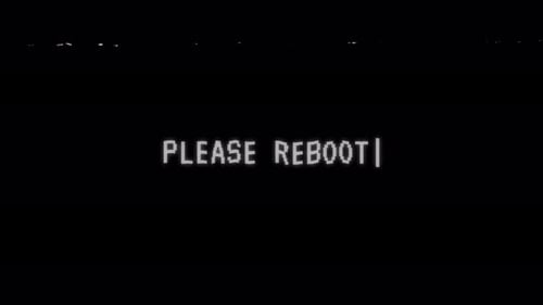 Digitaler Glitch-Bildschirm mit dem Text „Bitte neu starten“ mit Retro-Computerfehlermeldung und statischer Anzeige