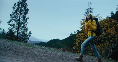 Tourist Climb Mountain Road with Hike Backpack on Autumn Journey at Cloudy Day