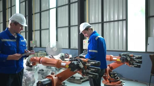 Engineer and technician working with robot arm in factory. Industry and engineering concept.