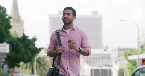 Walking, employee and man with coffee, morning and travel to work in city