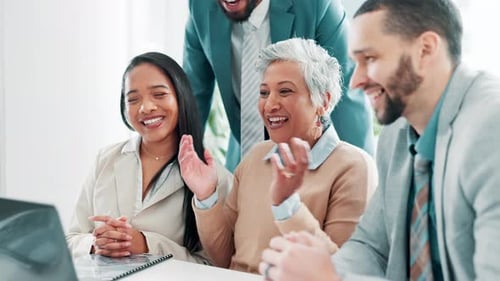 Business people, team and laptop for online meeting, video call and workshop in office