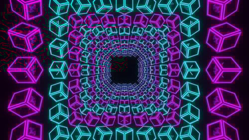 Tunnel Through Moving Cyan And Pink Neon Squares Background Vj Loop In 4K