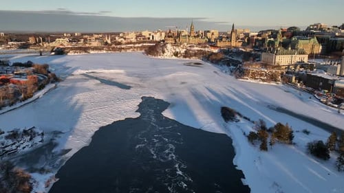 Frozen Ottawa River and Parliament Hill Downtown Ottawa