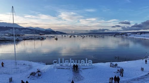 Ushuaia Sign At Ushuaia In Tierra Del Fuego Argentina. Sign Letters Landscape.