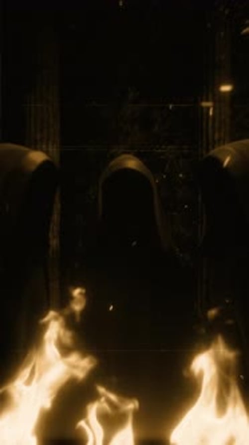 Dark Cinematic Grunge Filmstrip Reveal with Hooded Figures