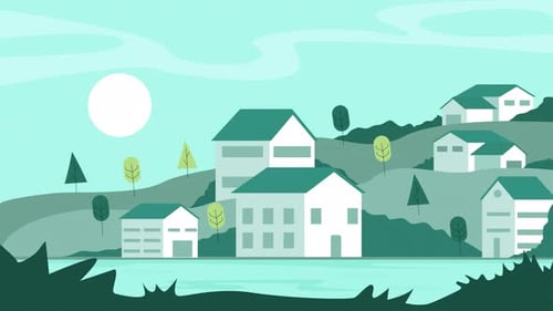 village housing near the river simple landscaped cartoon animation background video