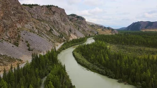Aerial View of the Chuya River Flowing in the Mountain Valley