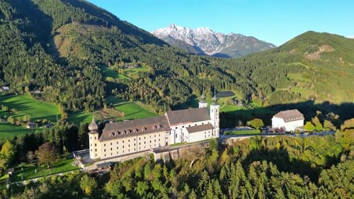 Aerial view of abbey and mountains in autumn, Austria.