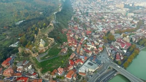 Tbilisi Overlooking Narikala Fortress and Sioni Church Georia Aerial