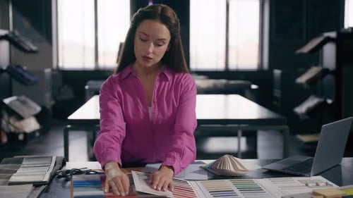 Female Fashion Designer Woman Girl Dressmaker Artist Stylist Tailor Choosing Fabric Material Samples