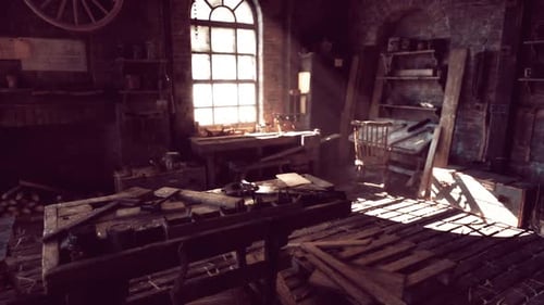 An Old Workshop Filled with Tools and Sunlight Streaming in