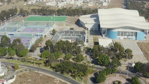 Aerial view of the Aquatic Center and the Pan American Tennis Center in the CODE Metropolitano of Gu
