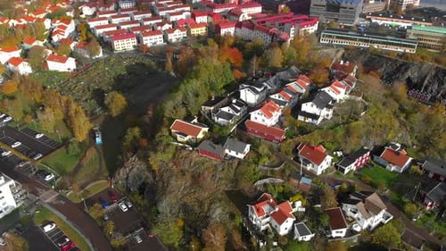 Aerial view over Hisingen city in Sweeden, overlooking apartment buildings and houses in a quiet nei