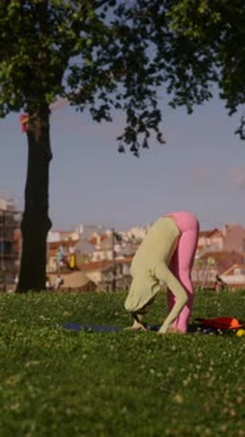 A Woman Engaged in Practicing Yoga in the Peaceful Outdoors of a Beautiful Park Setting