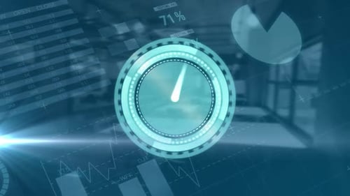 Animation of clock moving fast and data processing over empty office