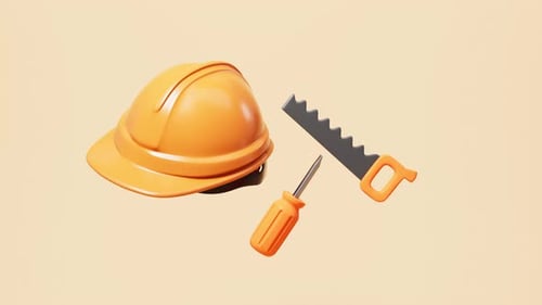 Cartoon helmet, saw and screwdriver so on repair tool, 3d rendering.