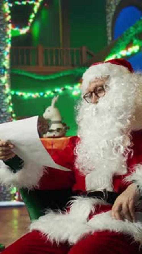Vertical Video Exhausted Old Man Falling Asleep While Reading Children Christmas Wish Lists