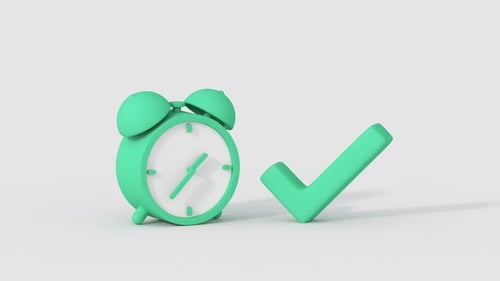 Green clock and check mark. Minimal cartoony 3D render animation
