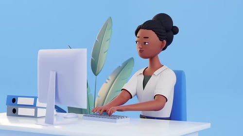 3D Animated Woman Typing at Office Computer
