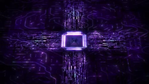 Futuristische Leiterplatte mit leuchtendem Prozessor und digitalem Datenfluss in 3D-Animation