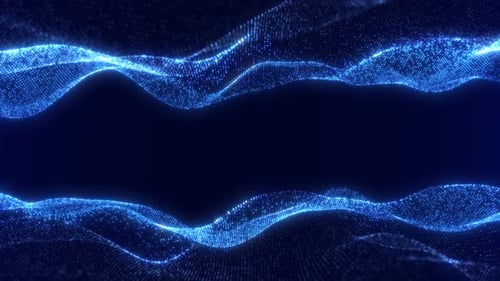 Abstract digital dynamic particle waves with light motion lights background, data flow
