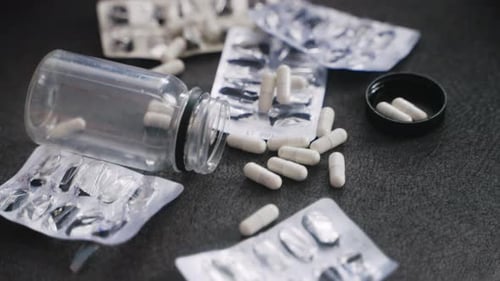 Close Up Shot of Empty Blister Packs and Jar of Pills on Sofa Near Unconscious Depressed Person