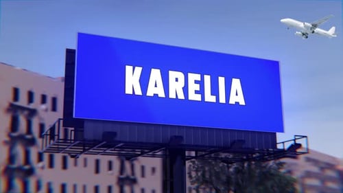 Karelia Road Sign With A Street Billboard And An Airplane Taking Off In The Background