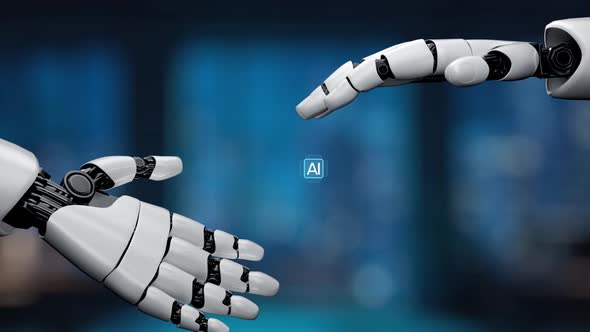 Mãos robóticas semelhantes às humanas alcançando um símbolo de inteligência artificial cercado por ci digital