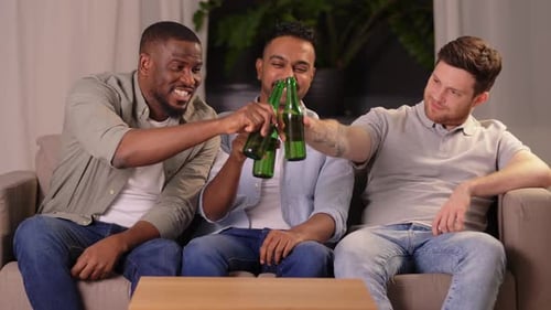 Three friends toasting beers sitting on sofa at home