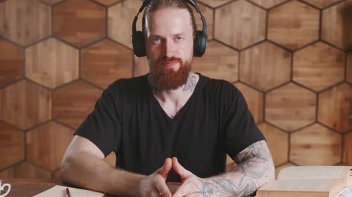 Camera View Young Caucasian Man Showing Greeting Gesture Making Video Call