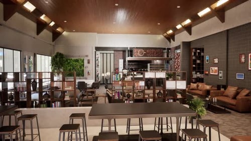 Warm and Modern Cafe Interior with Cozy Armchairs, Green Wall Panel