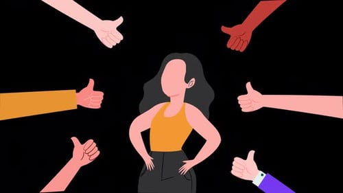 Animated Woman Receiving Thumbs Up from Diverse Hands