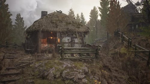 Wooden Log Cabin in Pine Forest in Summer