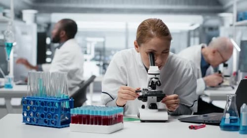 Scientist Using Microscope in Lab with Colleagues