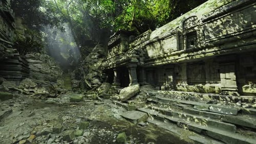 Ruines d'un ancien temple entouré d'une jungle dense à midi
