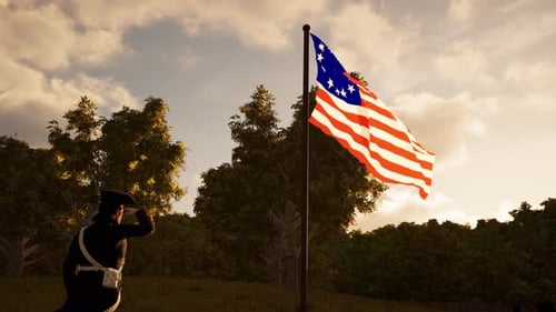 Colonial Soldier Honors The American Flag On Independence Day