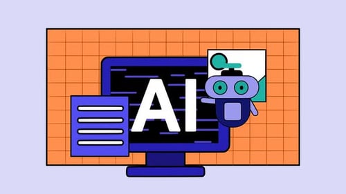 Flat Design AI Robot on Computer Monitor Animation