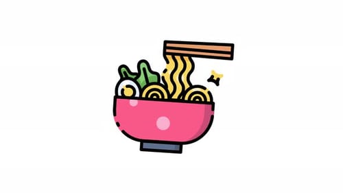 Bowl of ramen with noodles eggs and chopsticks icon animation