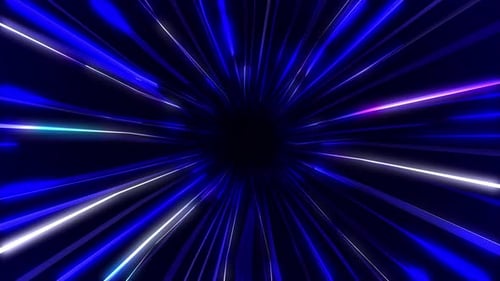 Looped tech blue tunnel on a black background. Futuristic laser space. Blazing neon rays, flying thr