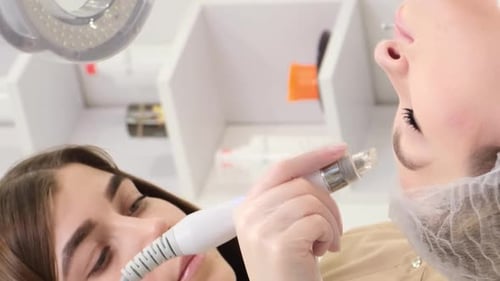 Professional Beautician Woman Doing Hydrafacial Procedure in Cosmetology Clinic Cleaning Procedure