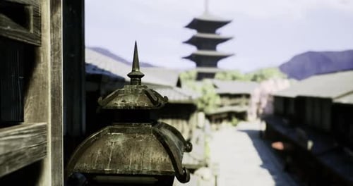 Historic Street with Traditional Architecture and Pagoda in the Background