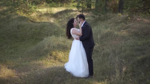 Blurred video. Beautiful wedding couple standing in forest
