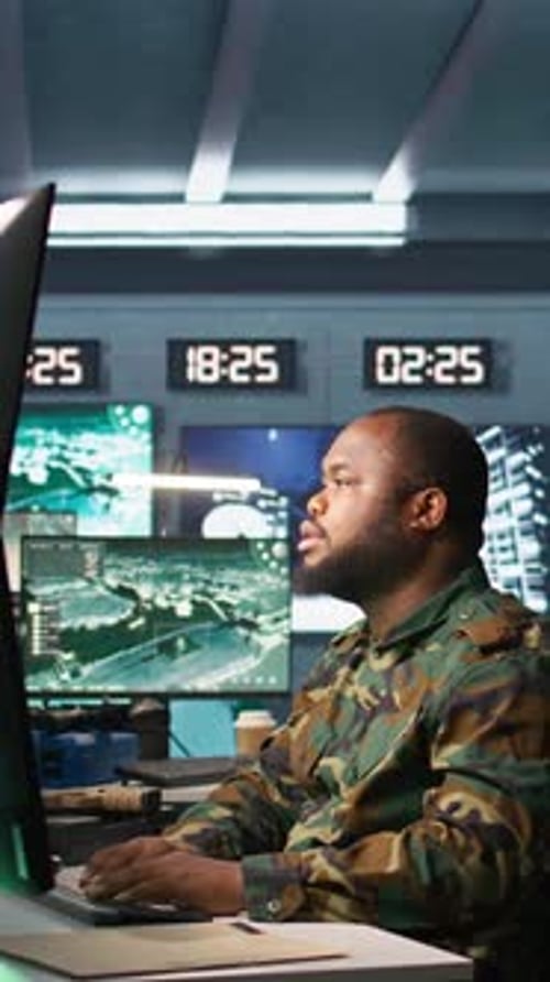 Vertical Video Soldier Doing Job in HQ Base of Operations Engage Enemy Forces