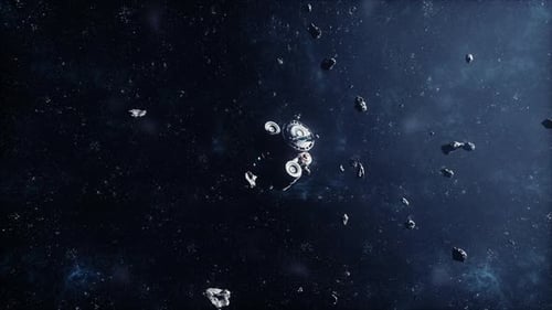 Futuristic Spaceship Navigating an Asteroid Field in Deep Space