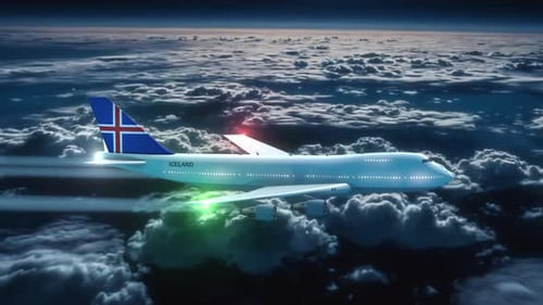Commercial Airliner Passanger Plane Jumbo Jet Flying At Night Over Clouds With Country Flag Iceland