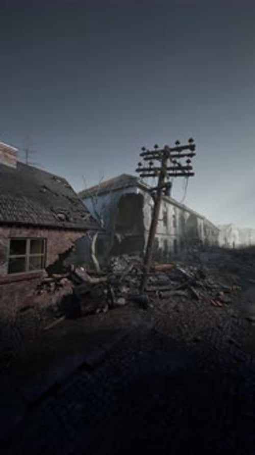 Abandoned Old Building With Telephone Pole