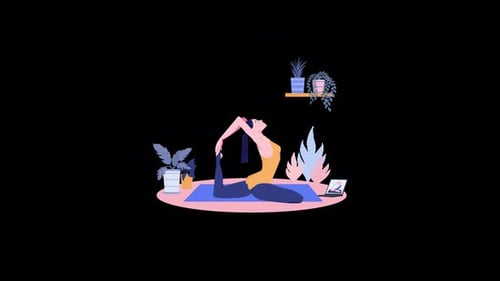 Yoga-Pose mit Zimmerpflanzen und Laptop