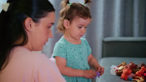Woman and Child Playing with Toys Indoors Together
