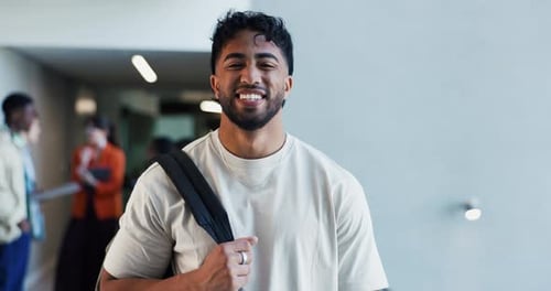 Face, confident and man in college, laugh and happy to learn with scholarship